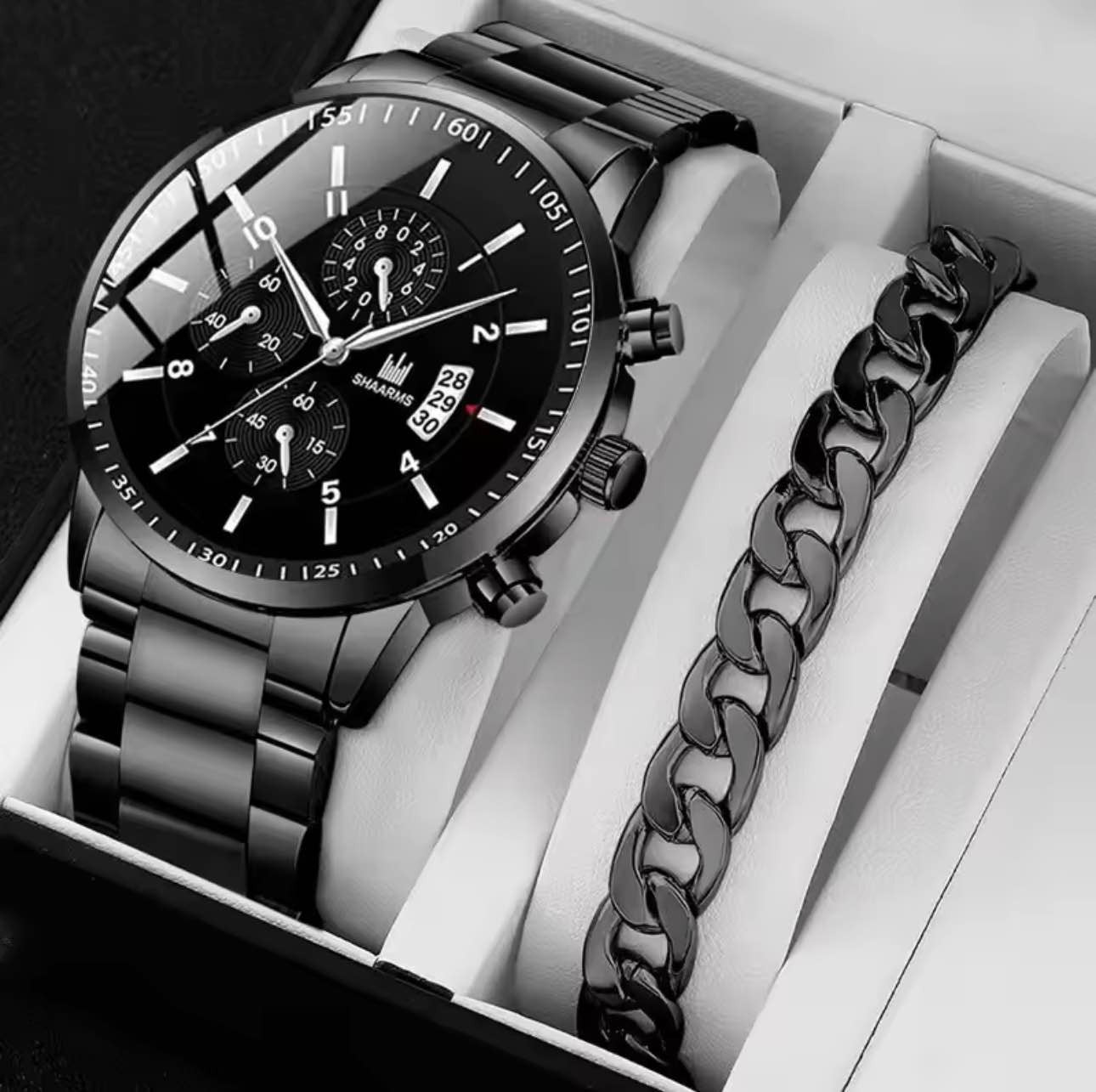 2pcs Luxury Mens Watch With Stainless Steel Bracelet Men