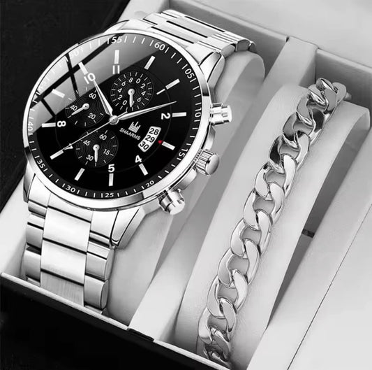 2pcs Luxury Mens Watch With Stainless Steel Bracelet Men